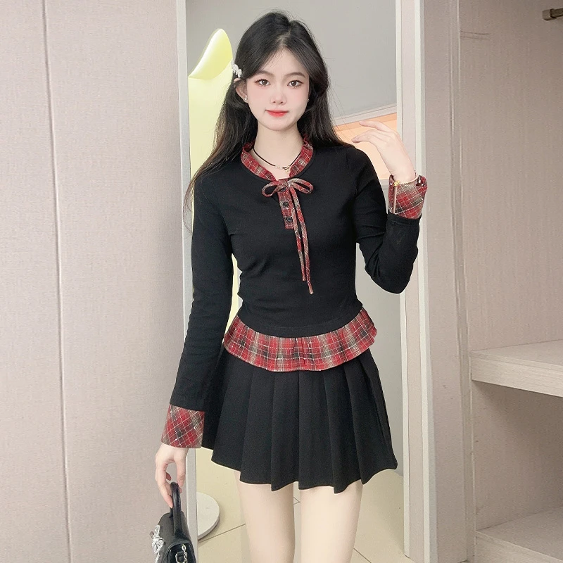 韩系复古格子拼接假两件长袖T恤女早春修身显瘦辣妹内搭撞色上衣