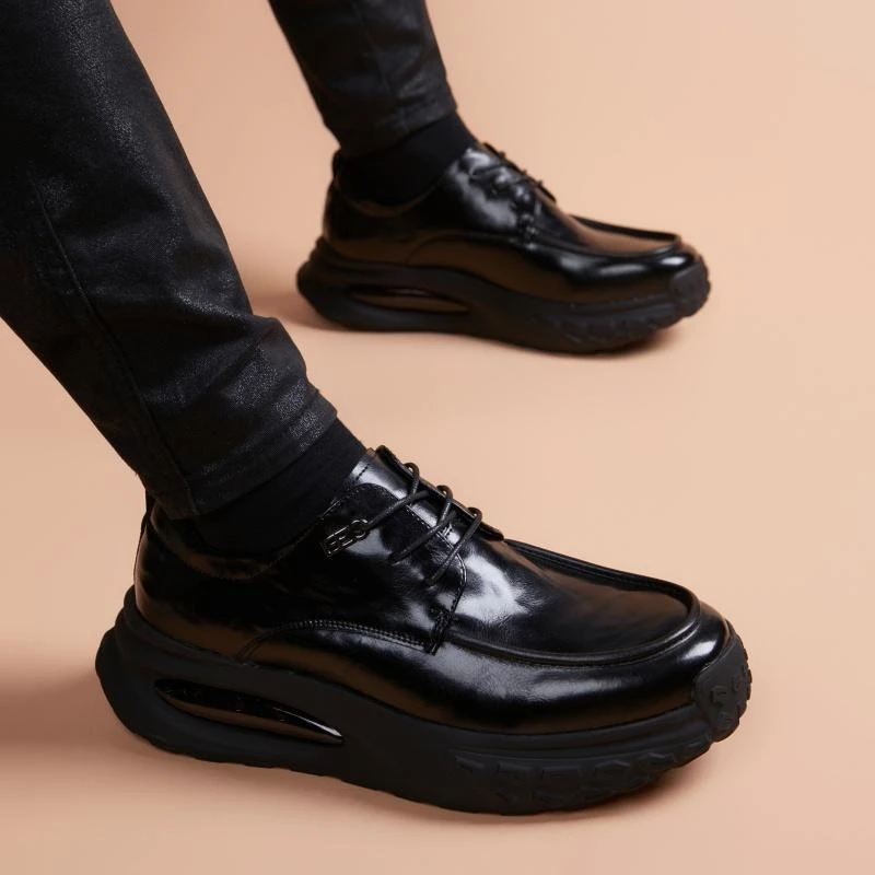 新款商务休闲皮鞋真皮男士减震气垫底百搭系带韩版厚底英伦德比鞋