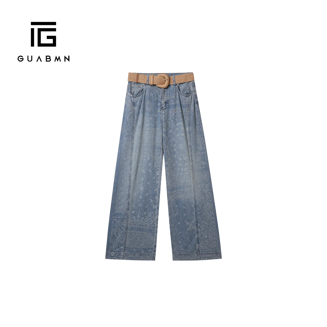 GUABMN2025夏季新款复古高腰显瘦百搭阔腿裤牛仔裤度假风5223