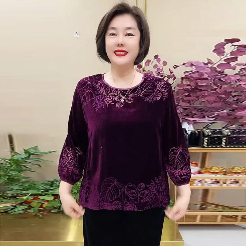 丝绒植绒烧花上衣春秋新款八分袖T恤衫中老年妈妈宽松休闲大版衫