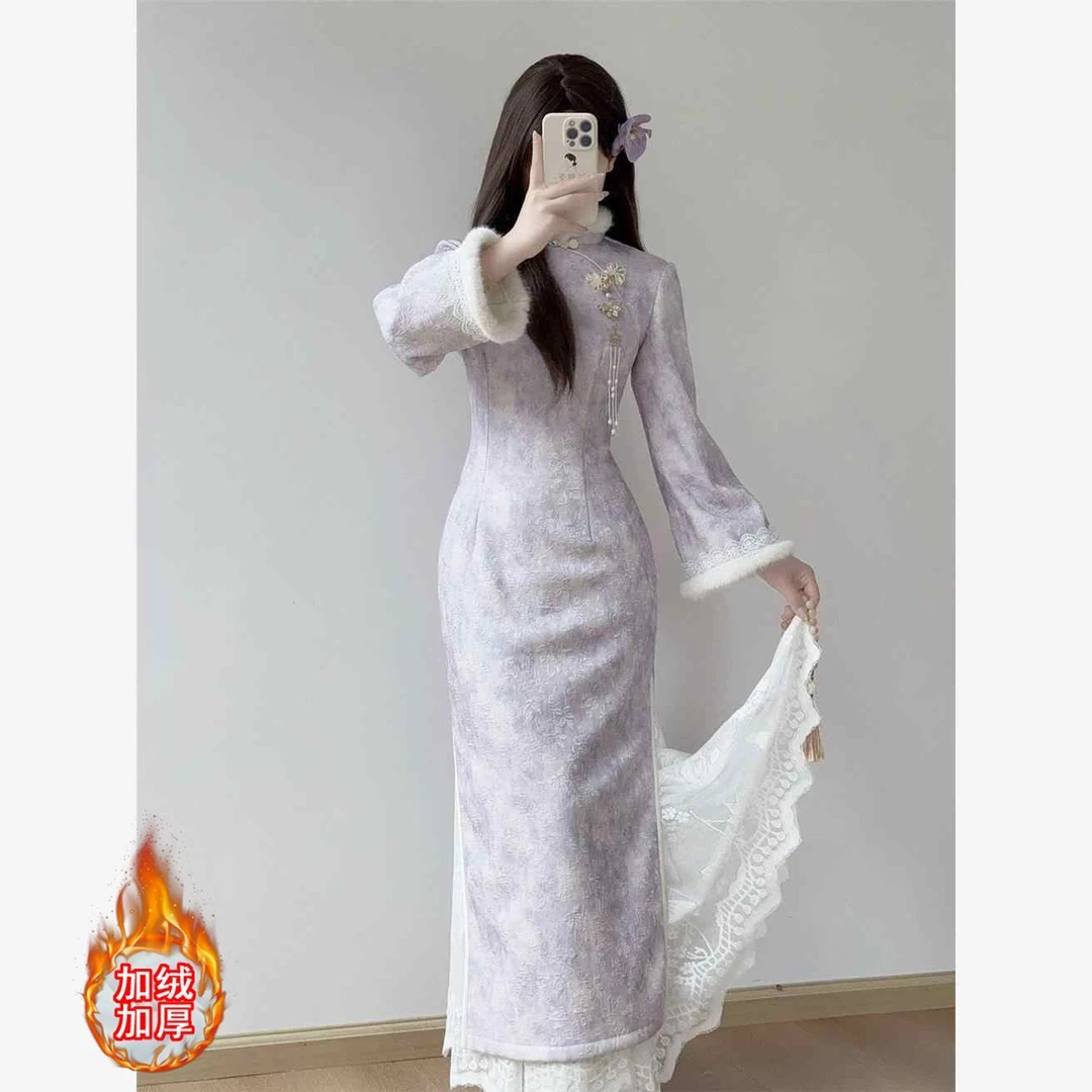 紫色气质加绒加厚秋冬季冬款新中式长款细腰年轻新款蕾丝连衣裙