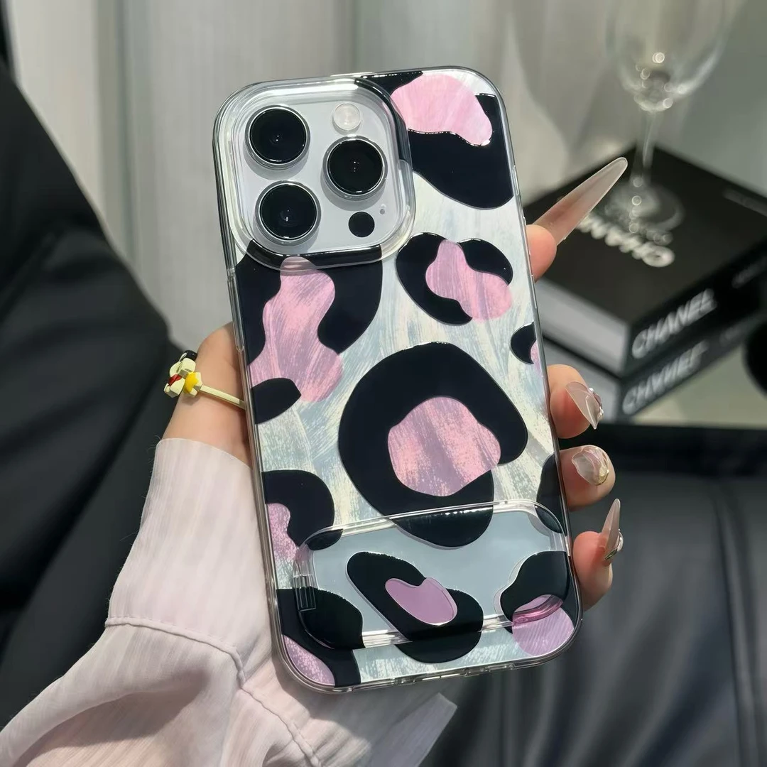 粉色斑点豹纹支架适用苹果16promax手机壳iPhone华为vivo小米oppo