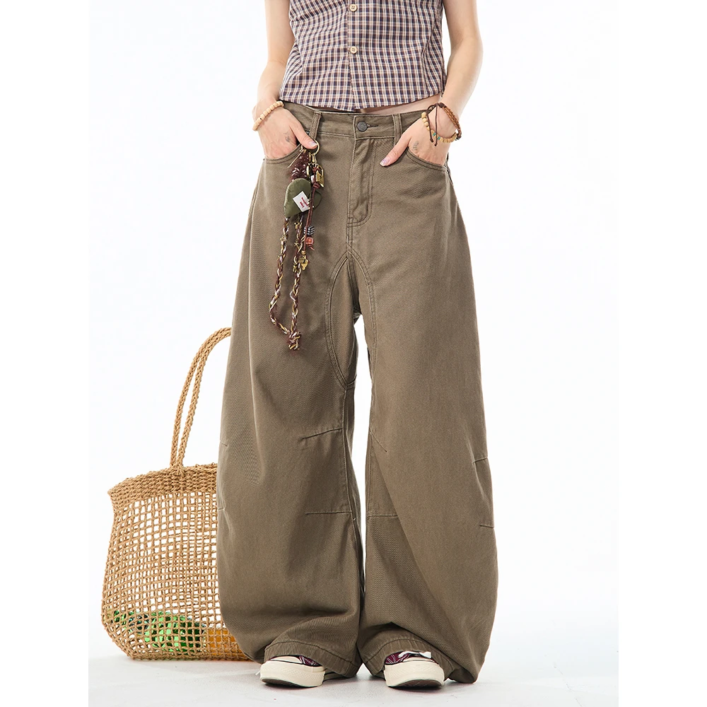 复古廓形弯刀牛仔工装裤女新款美式高街宽松阔腿显瘦直筒拖地裤子