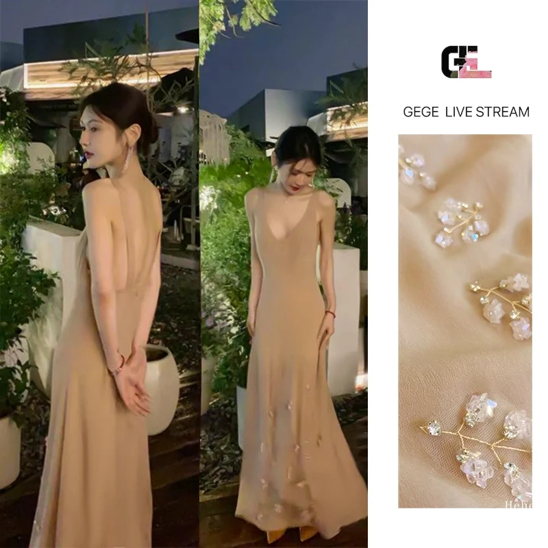 【艺术必修课】法式优雅气质收腰大V领露背修身显瘦无袖连衣裙