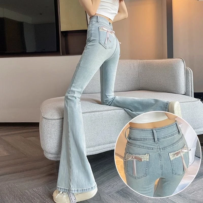 浅色蜜桃臀微喇牛仔裤女秋季新款高腰蝴蝶结马蹄喇叭
