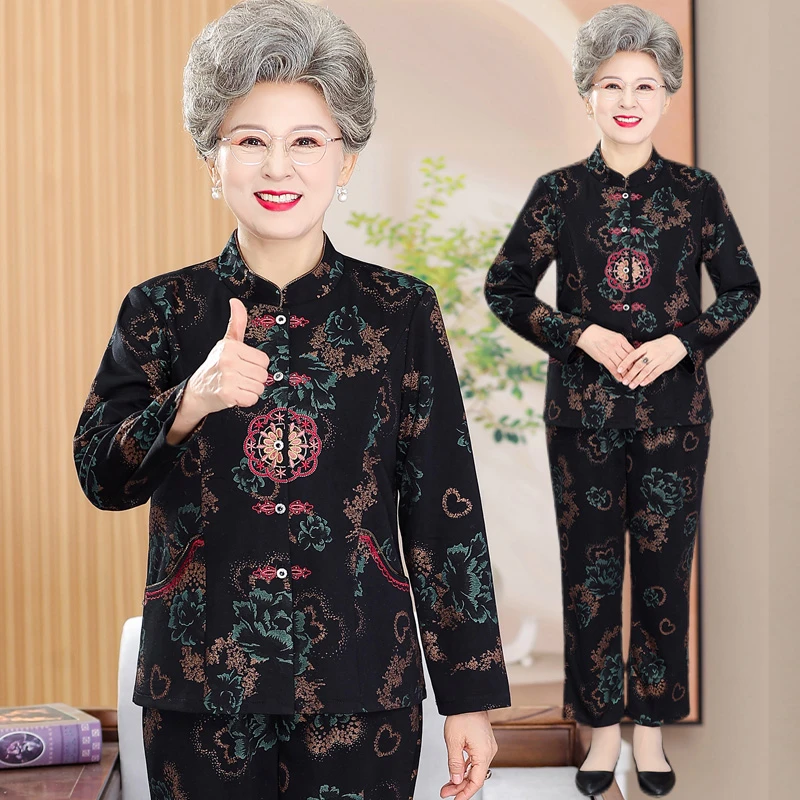 70岁80中老年人春秋女装套装长袖老太太唐装外套奶奶装秋季两件套