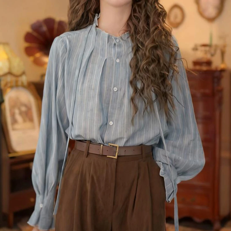 时尚气质条纹衬衫女2025秋季新款休闲百搭宽松显瘦立领长袖上衣