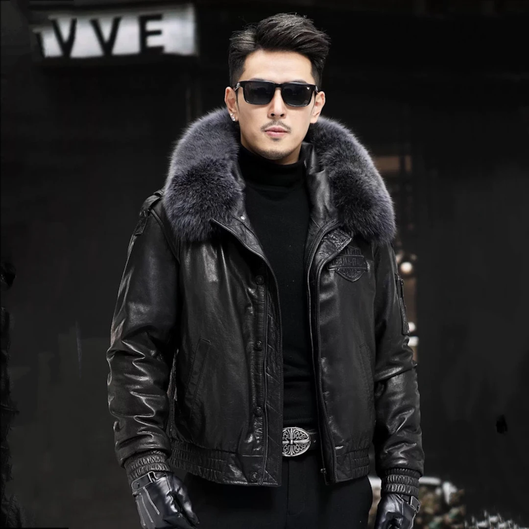 海宁真皮皮衣男连帽皮羽绒服加厚头层牛皮夹克冬装狐狸毛领皮大衣