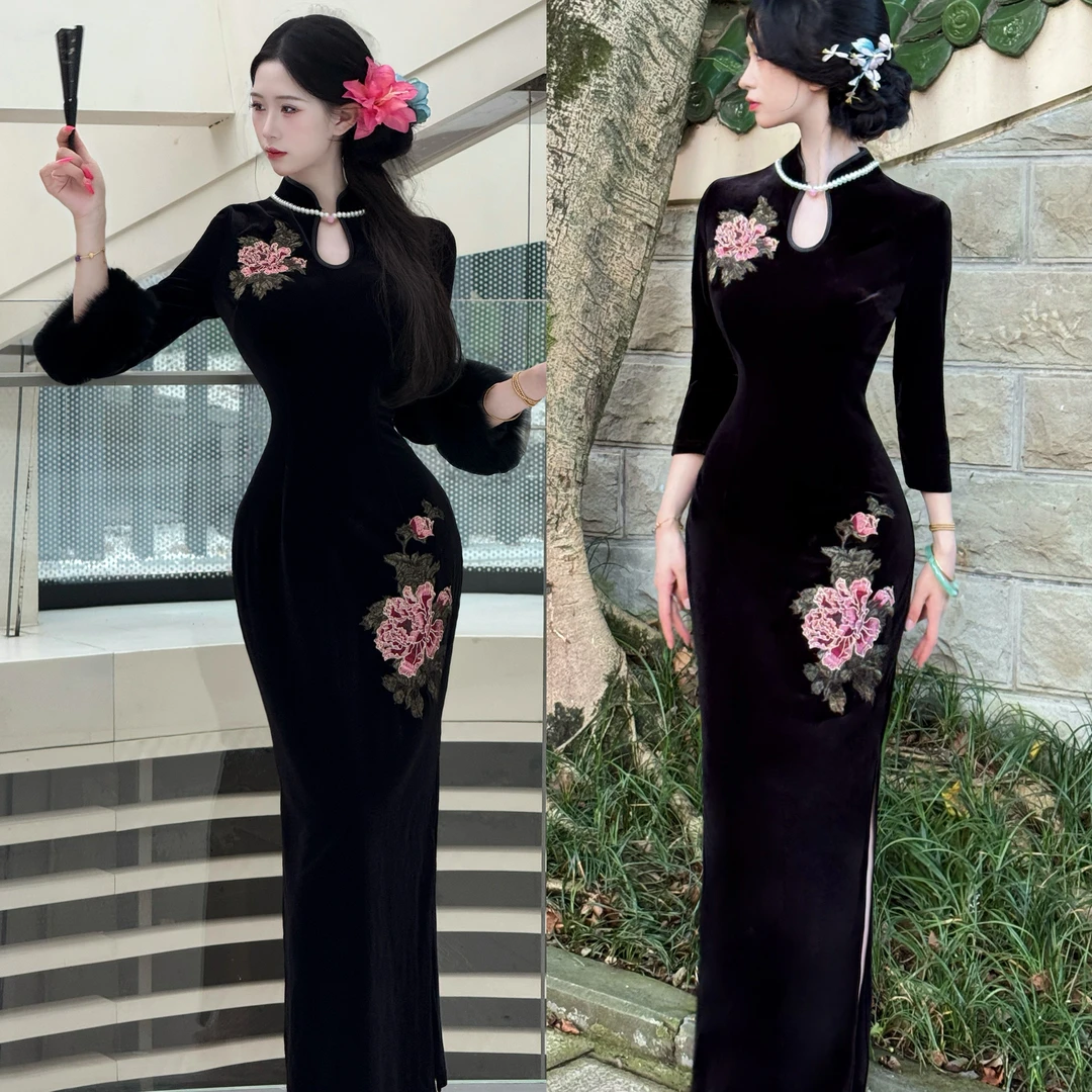 LHMknk1画报夫人原创自制秋冬厚款丝绒水滴刺绣旗袍 秋冬滴水玫瑰