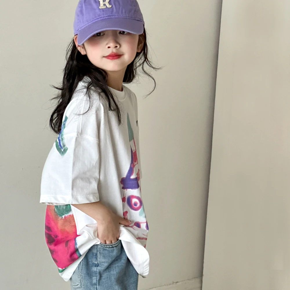 女童短袖T恤2025春夏新款韩版童装洋气上衣涂鸦中大童打底衫-YGG