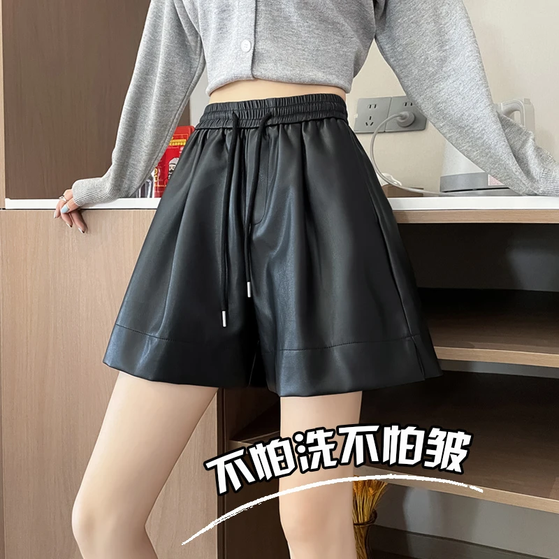 黑色皮短裤女2025新款秋冬外穿高腰显瘦百搭a字休闲阔腿pu皮靴裤