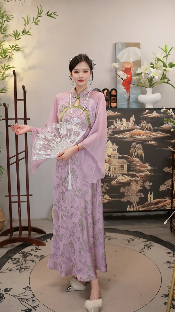 代佳莉2025春季新款中国风飘逸日常紫色长款连衣裙6586