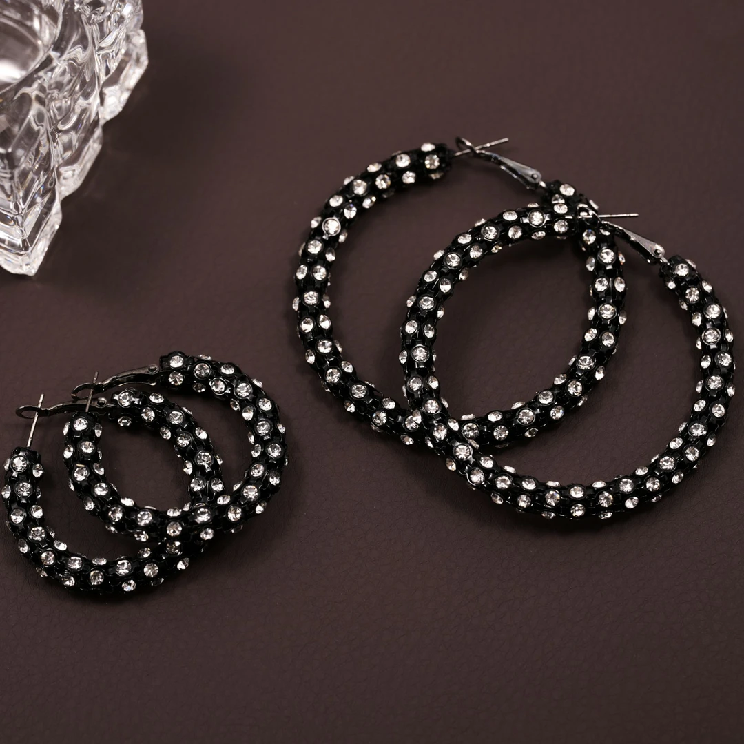 铜合金合成锆石耳饰 黑色个性大耳圈新款奢华耳环女夸张圈圈圆环