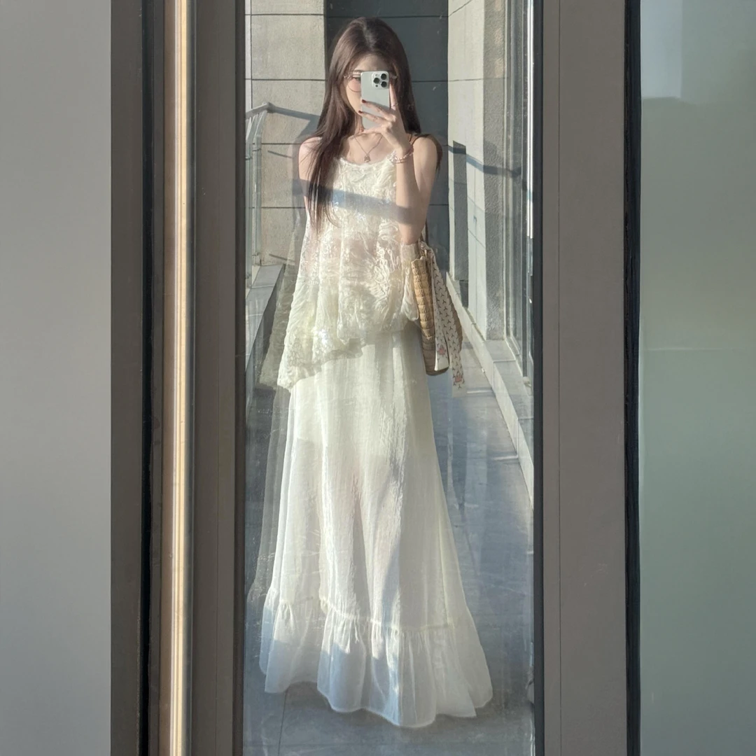 B504+B505夏韩系大方得体穿搭重工无袖吊带上衣半身裙气质两件套