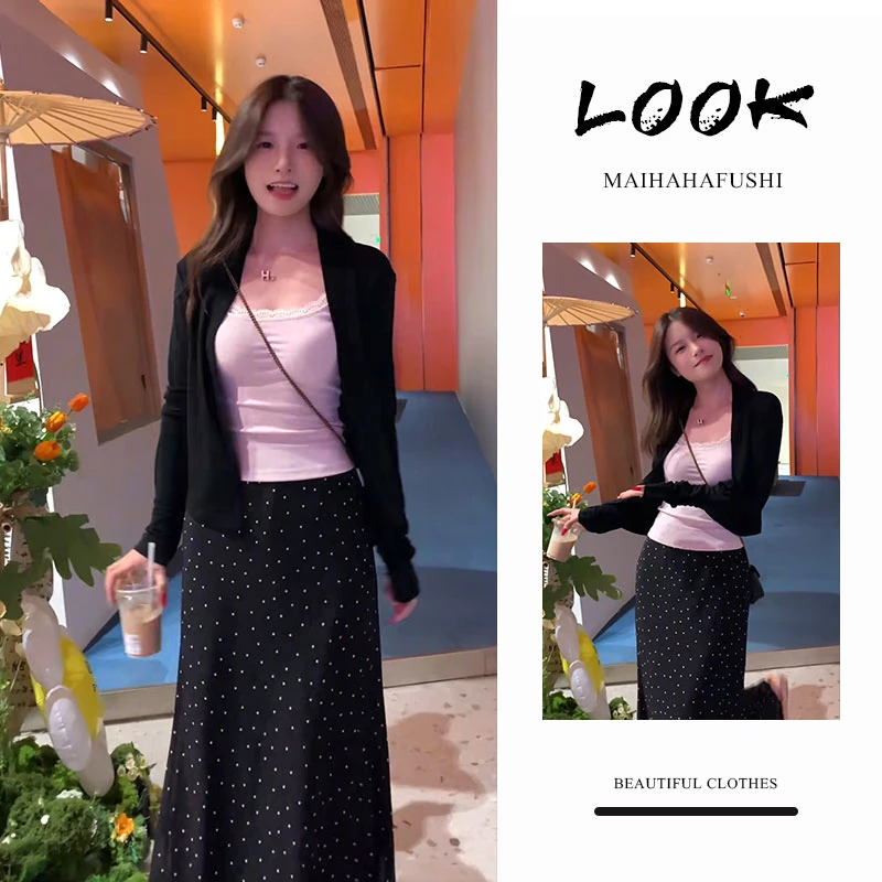 夏季一整套女装2025新款韩版薄款开衫吊带背心波点半身裙三件套装