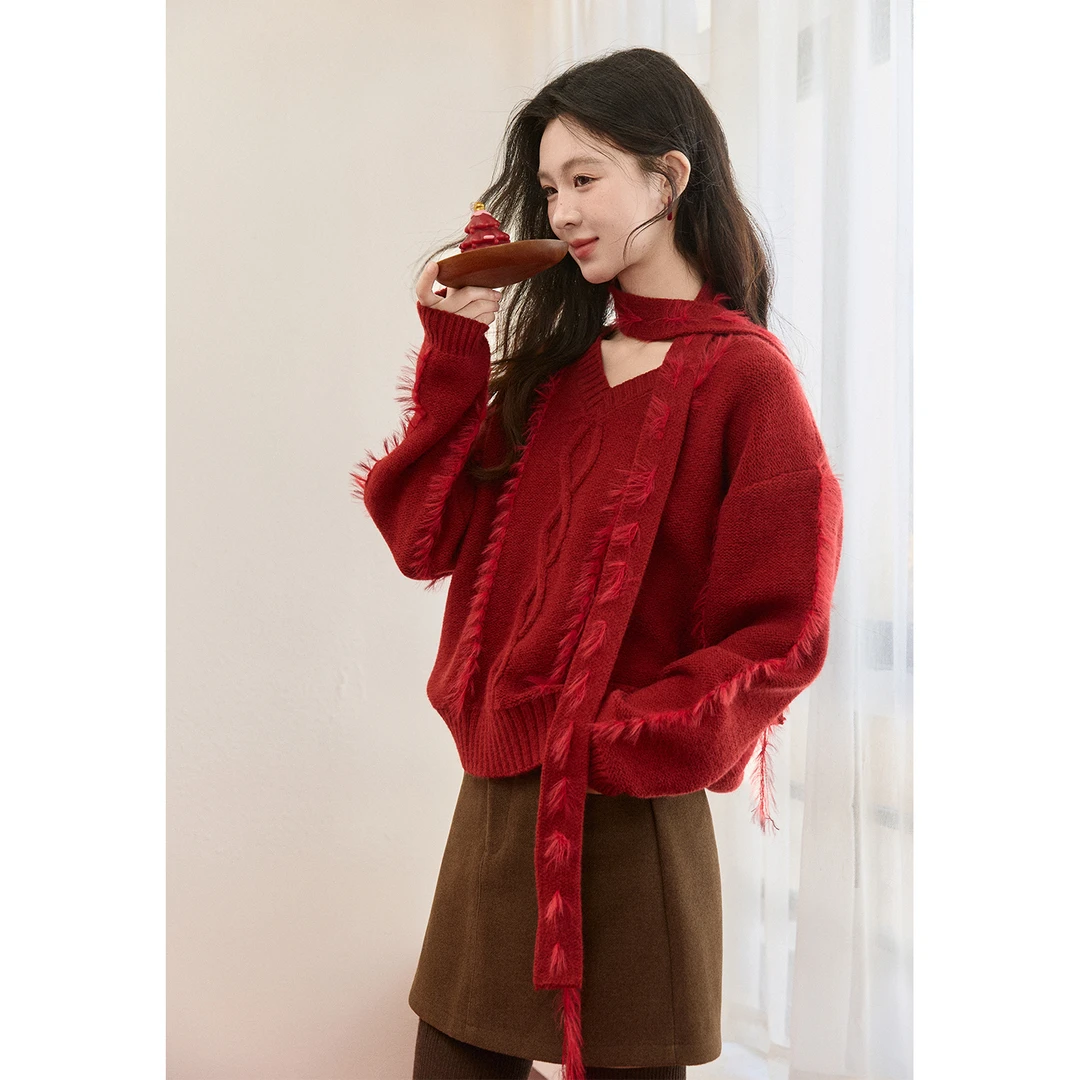谜秀新品氛围感酒红套头毛衣水貂毛流苏围巾绑带圣诞针织衫复古