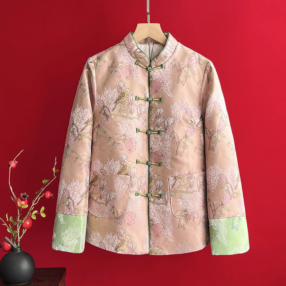 新中式国风复古高端冬款女上衣棉服宽松加厚棉衣盘扣提花夹棉外套