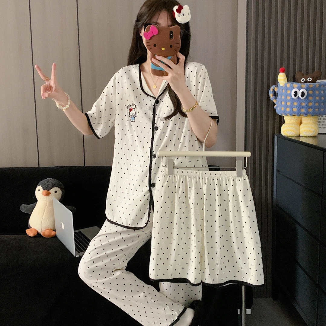 【立领小黑点点】夏季点点短袖云朵绵卡通KT三件套睡衣女套装家居服