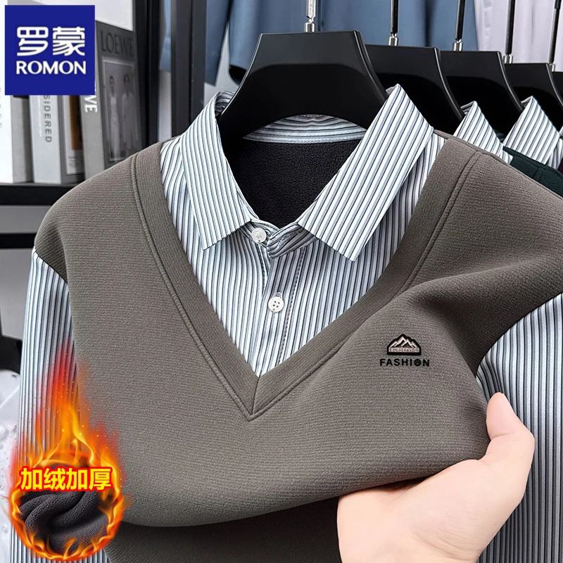罗蒙秋冬新款男士加绒加厚翻领假两件polo衫保暖休闲商务百搭上衣