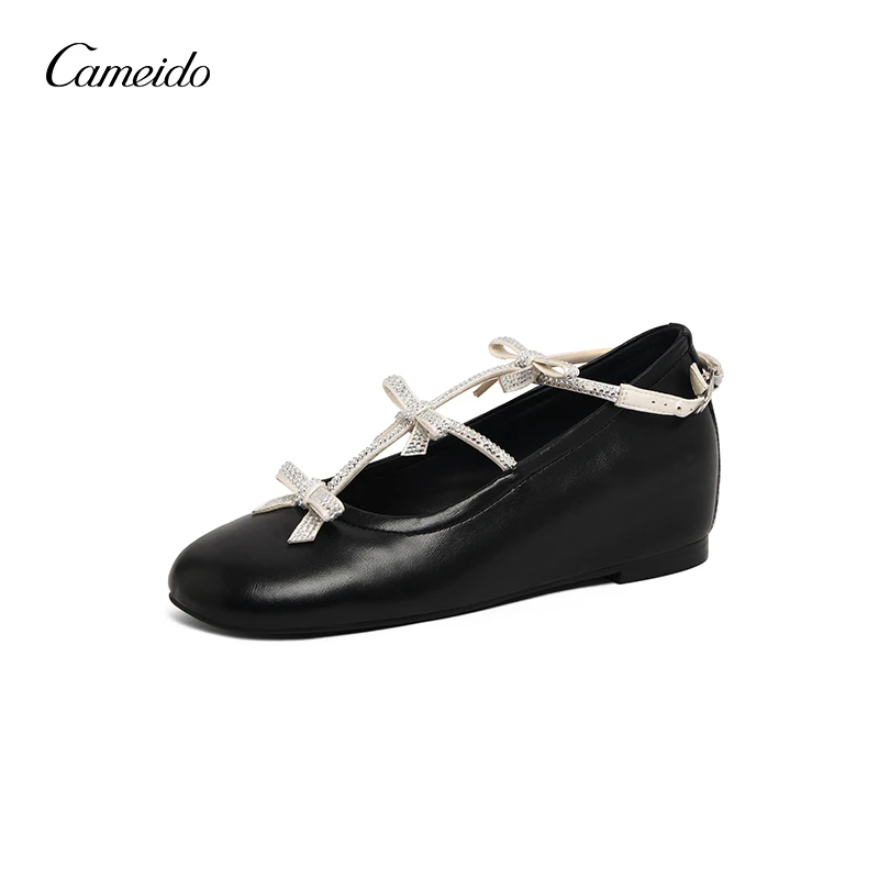 【卡美多】内增高4CM时尚百搭水钻蝴蝶结圆头法式玛丽珍单鞋77068