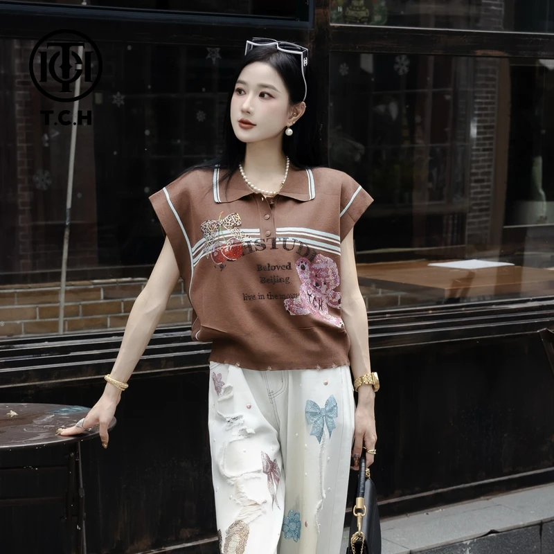 【现货】TCH烫钻工艺休闲百搭气质针织T恤女T75B09E5058轻奢tch上衣