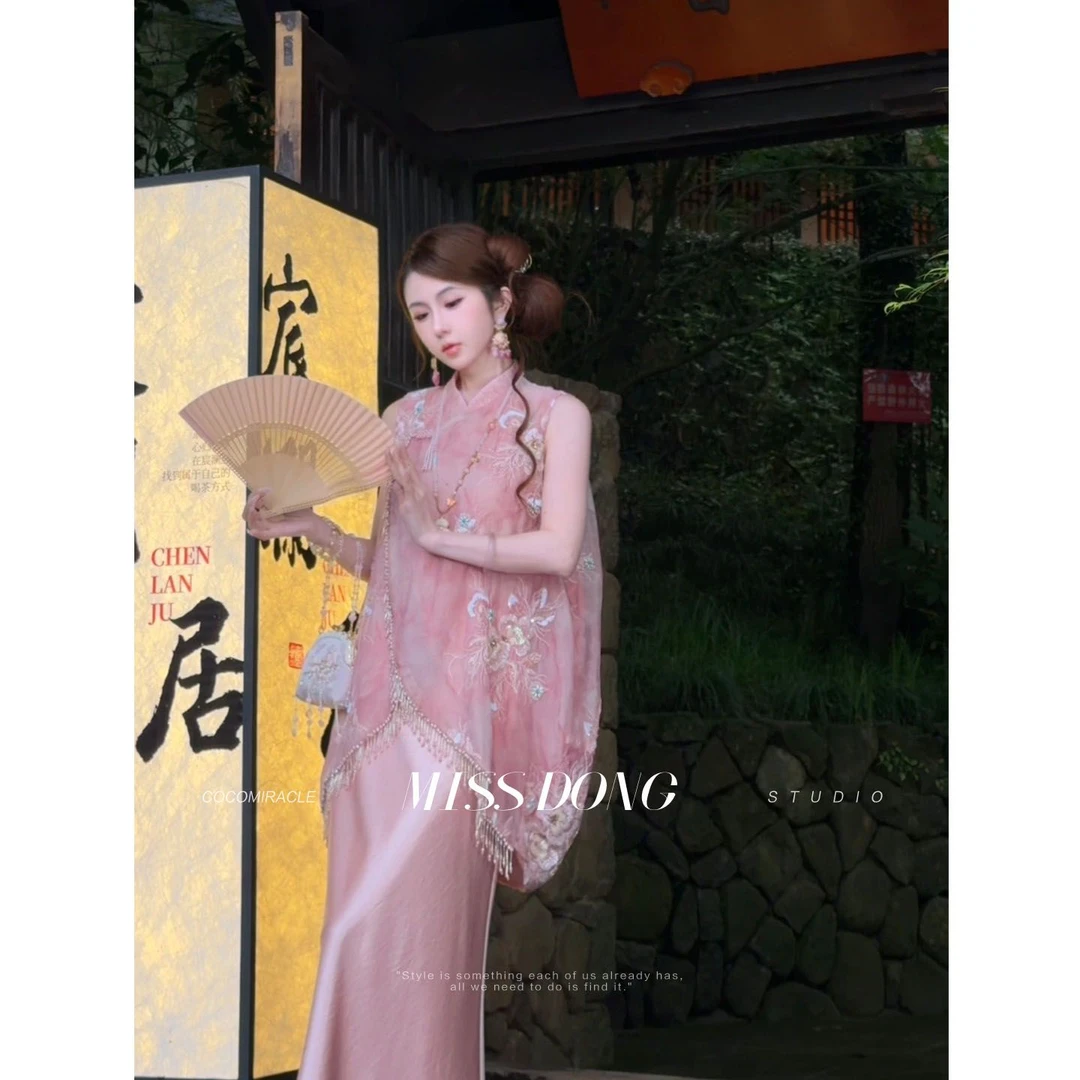 COCOMIRACLE【海棠依旧】重工刺绣立领盘扣流苏上衣+垂感半身裙