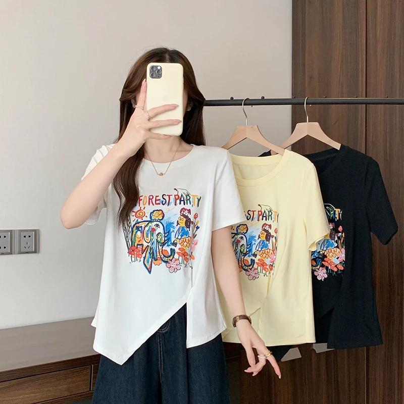 【运费补贴】新款胖mm时尚减龄印花短袖T恤设计感开叉T恤上衣A0741