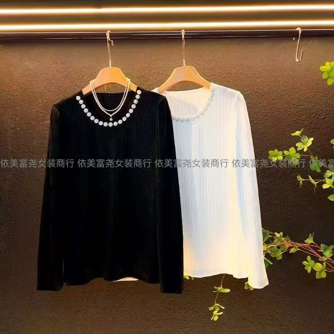 新款2025春装大码千褶皱圆领小花时尚气质套头打底衫T恤/6635