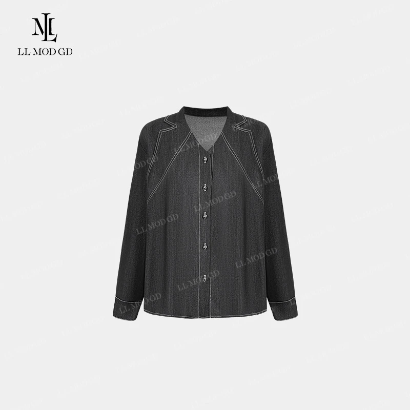 天空之境 深色小众休闲牛仔衬衫女春秋新款叠穿百搭衬衣YL-260592