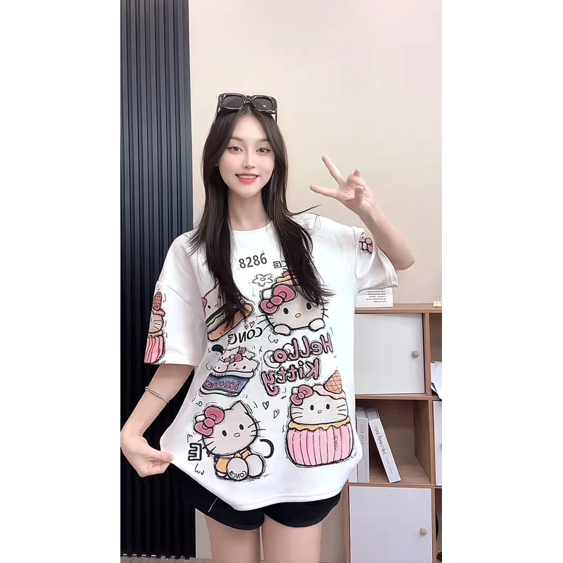 （8286kity）y2025夏季新款短袖T恤女宽松显瘦印花时尚减龄上衣女