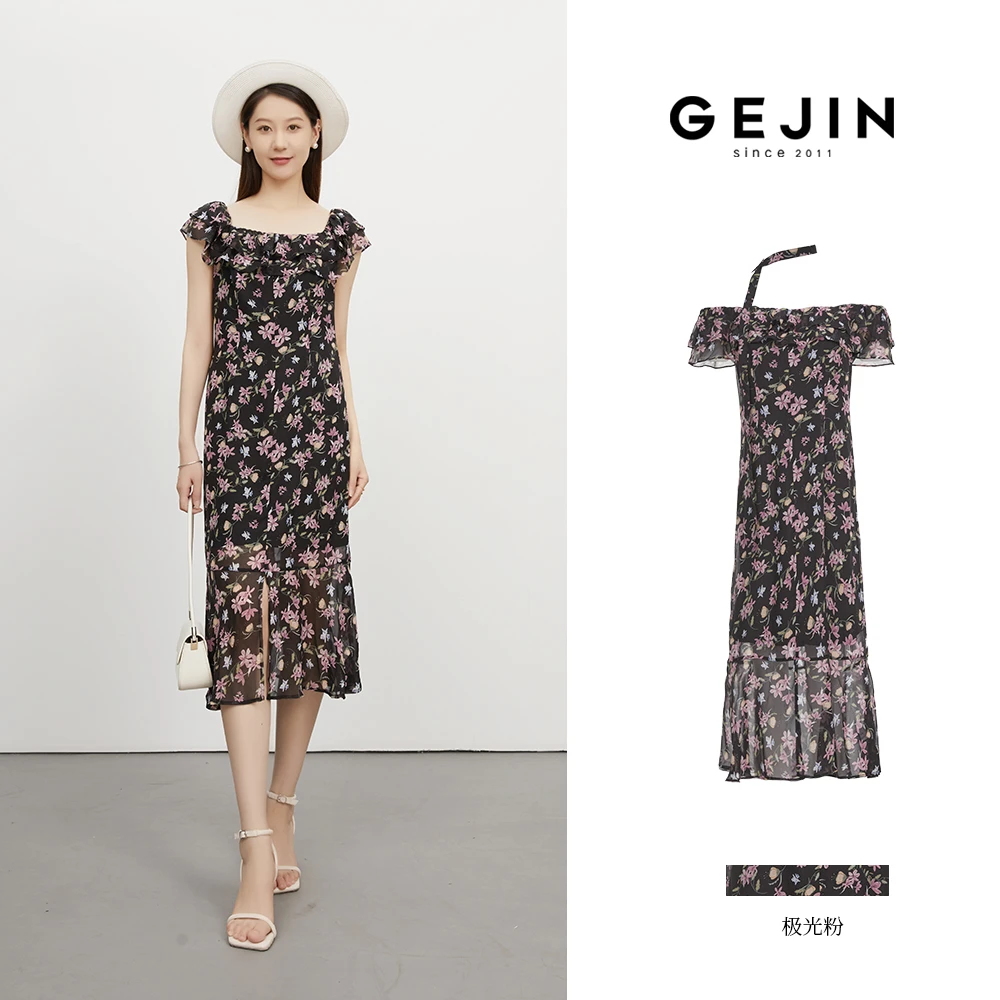 GEJIN/歌锦新款荷叶边优雅气质方圆领复古印花连衣裙GJ22552535