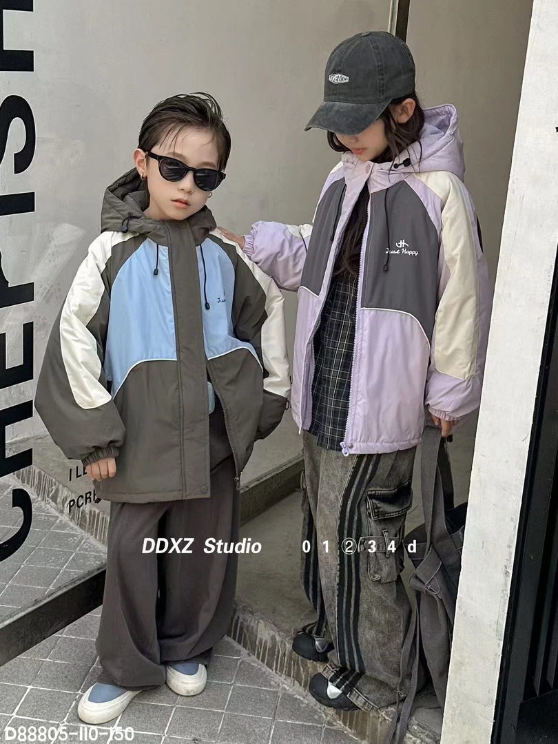 DDXZ  2025冬季儿童韩系潮流拼接连帽夹棉外套  D88805