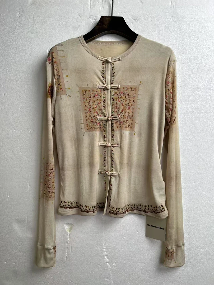 新中式印花长袖盘扣开衫上衣