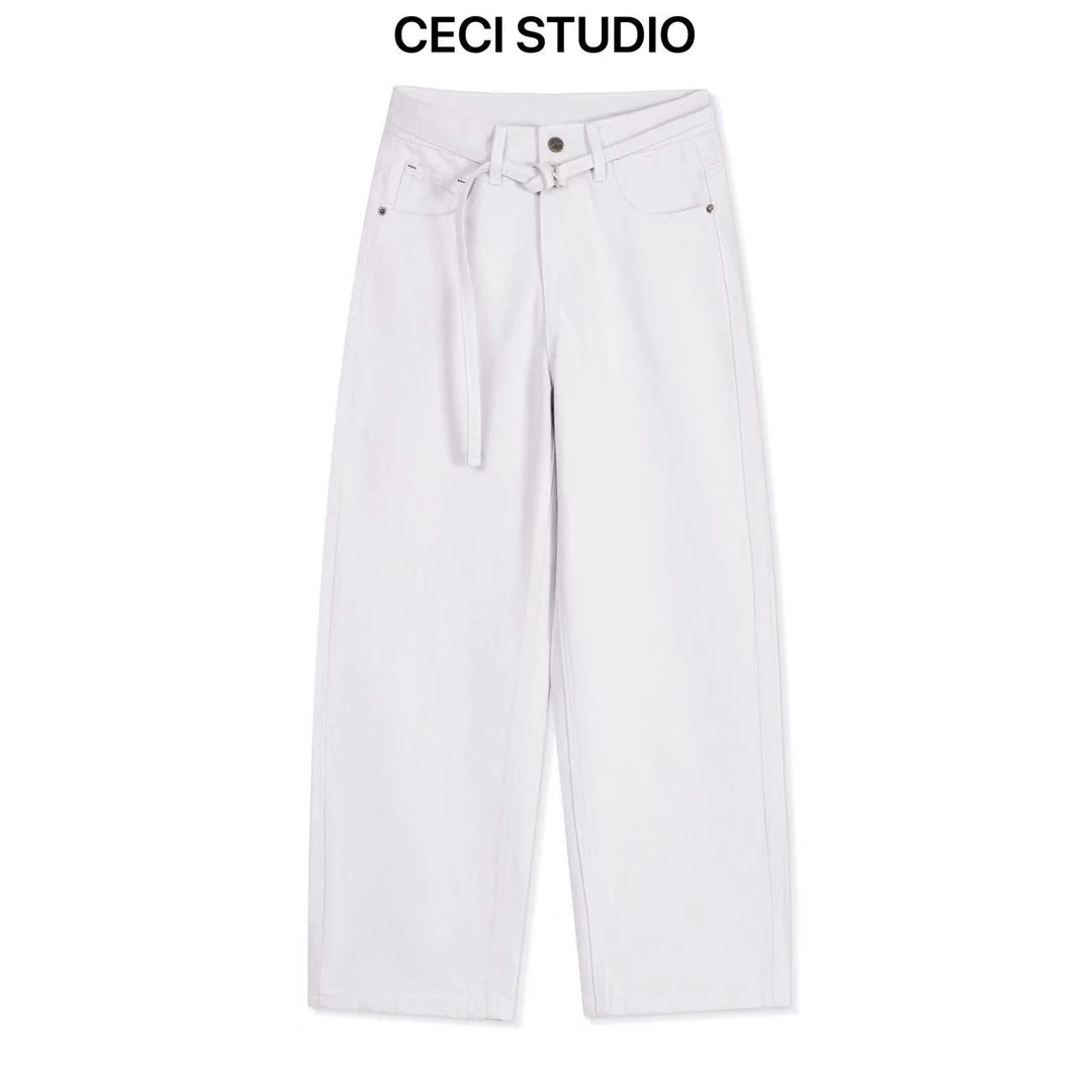 【CECI】春夏时尚月光白土耳其百搭休闲阔腿弯刀裤高级牛仔裤