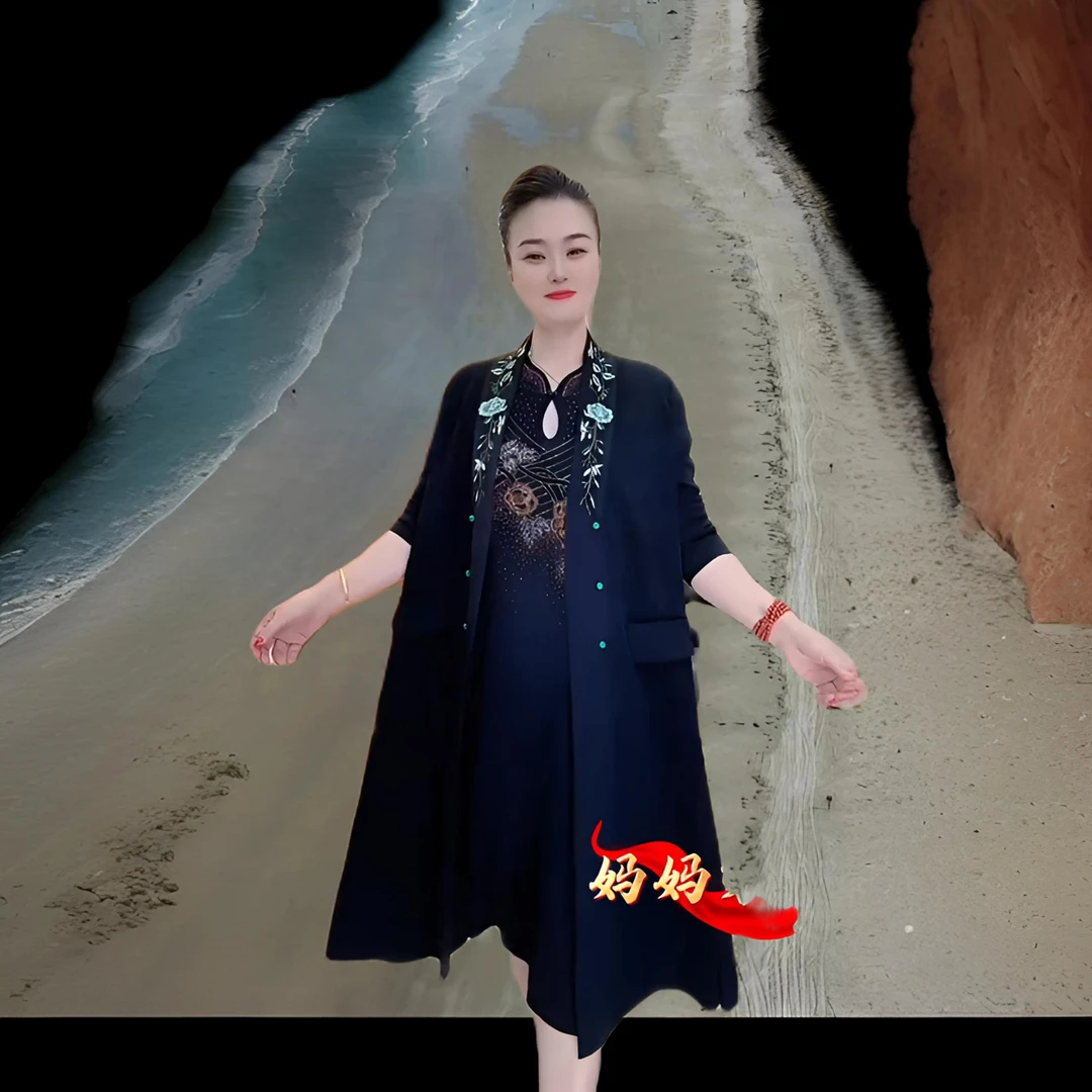 80290原版高端针织刺绣妈妈装喜婆婆秋冬打底连衣裙＋长袖外套风衣