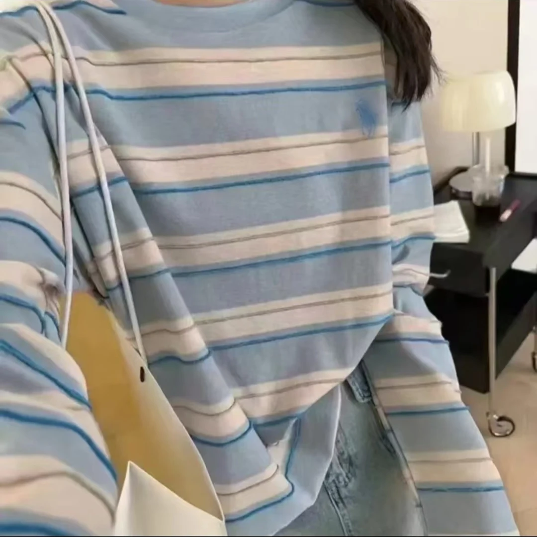 韩版时尚百搭简约撞色休闲条纹T恤宽松显瘦圆领长袖T恤