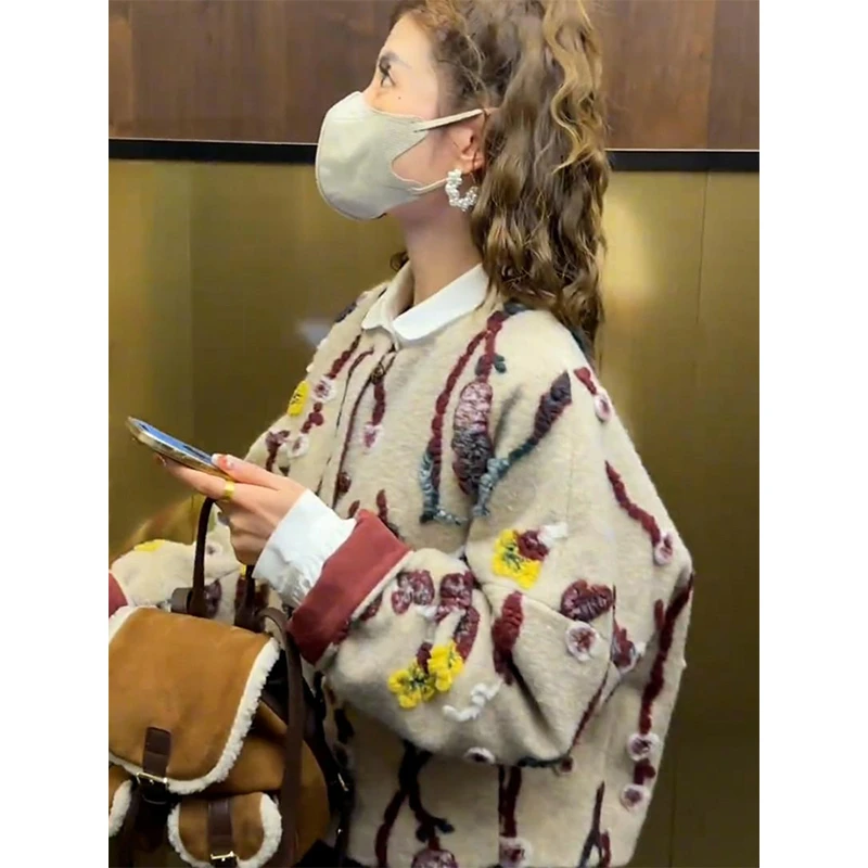 小香风花朵刺绣气质棉服外套2024冬季新款小众设计感时尚开衫上衣