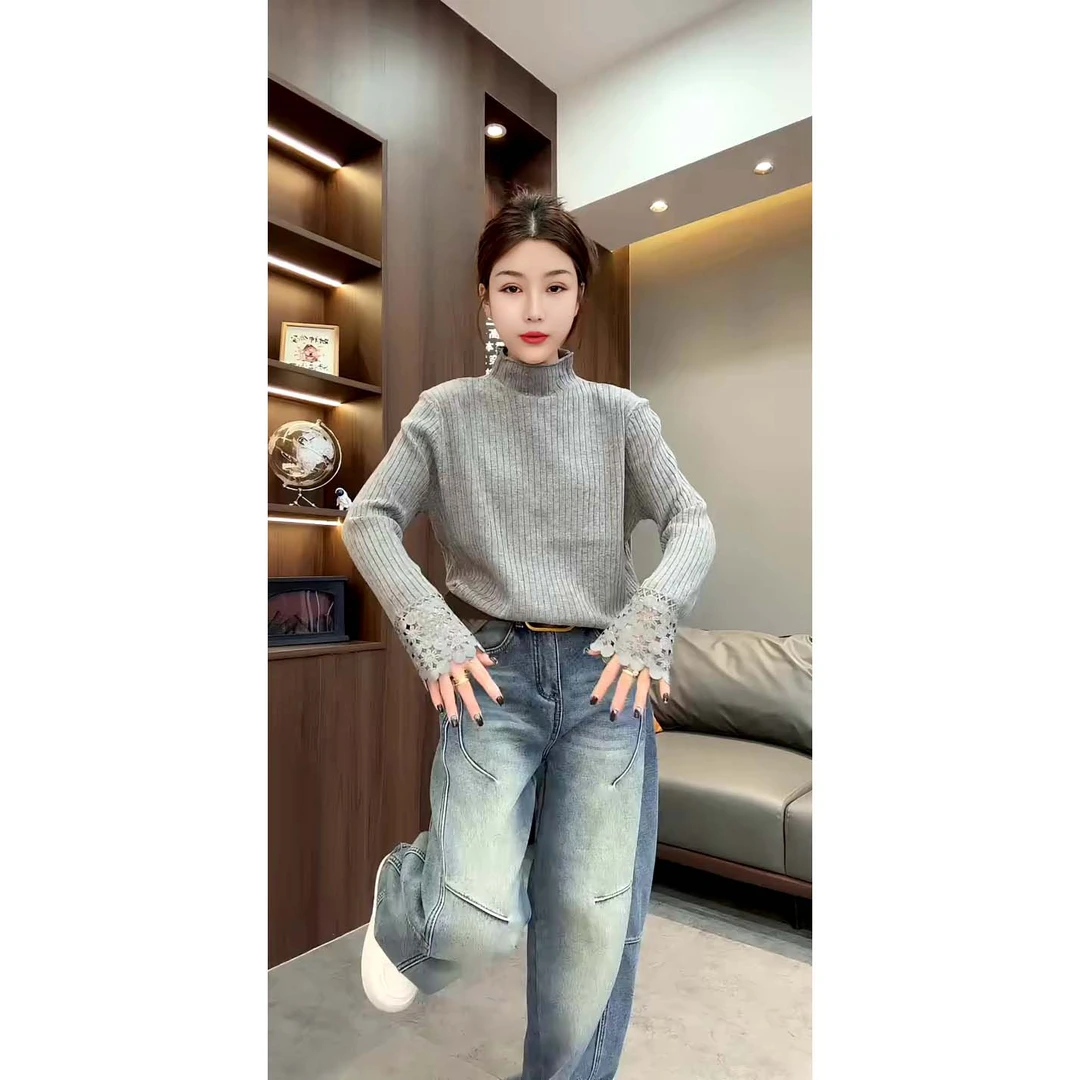 欧货新款时尚洋气百搭半高领镂空钩花长袖毛衣