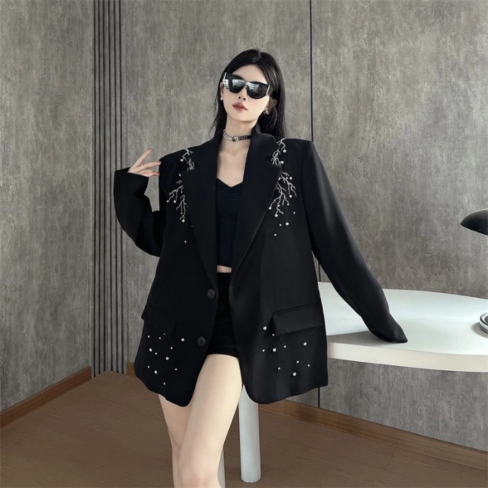 高级感小众网红炸街老钱风设计感钉珠西服韩版宽松百搭西装外套潮