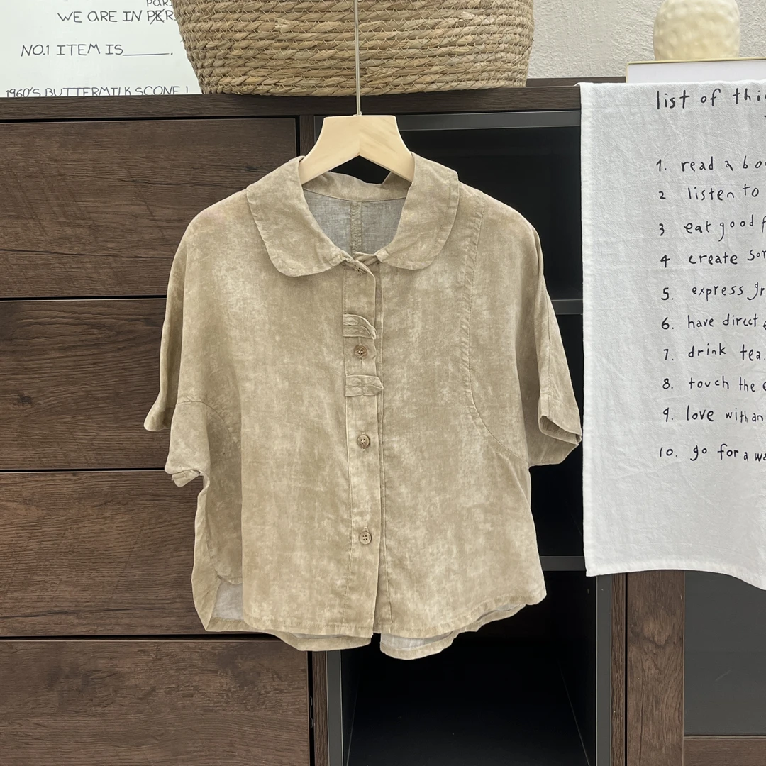 【小蛋壳】现货韩风儿童做旧花纹工艺短袖衬衫DK1155