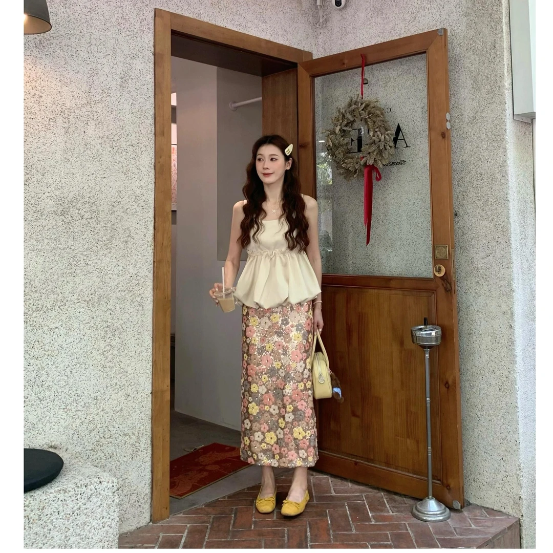 夏季穿搭方领抗皱娃娃式锻感背心上衣无袖气质显瘦半身裙套装