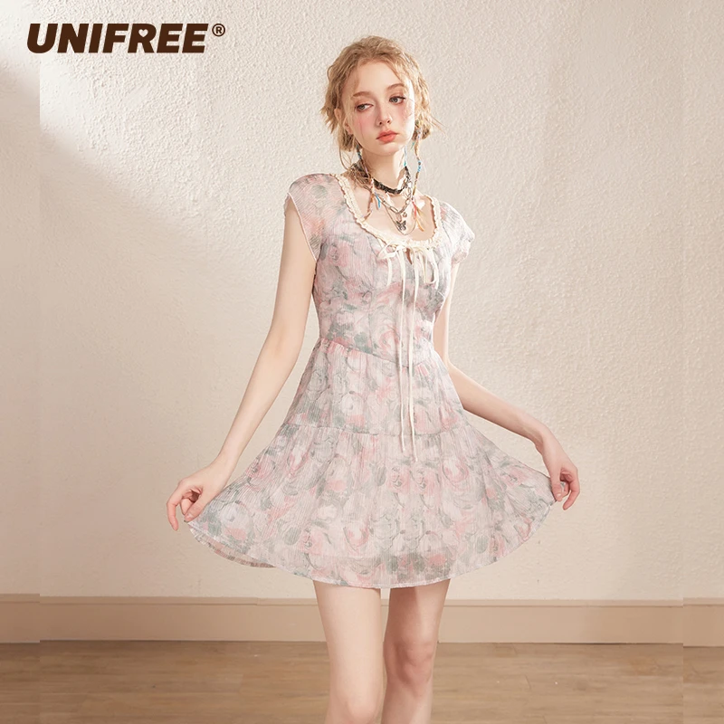 UNIFREE碎花u领连衣裙女法式蕾丝边系带收腰夏季温柔茶歇显瘦裙子