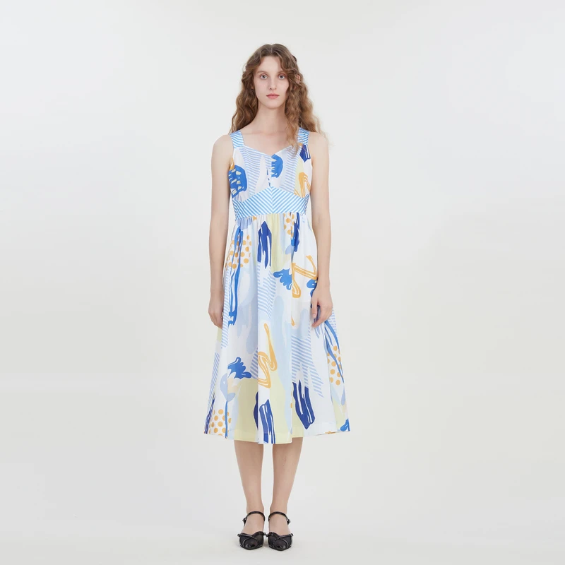 谜底复古花色吊带连衣裙夏季新款气质收腰棉麻长裙232ML0584