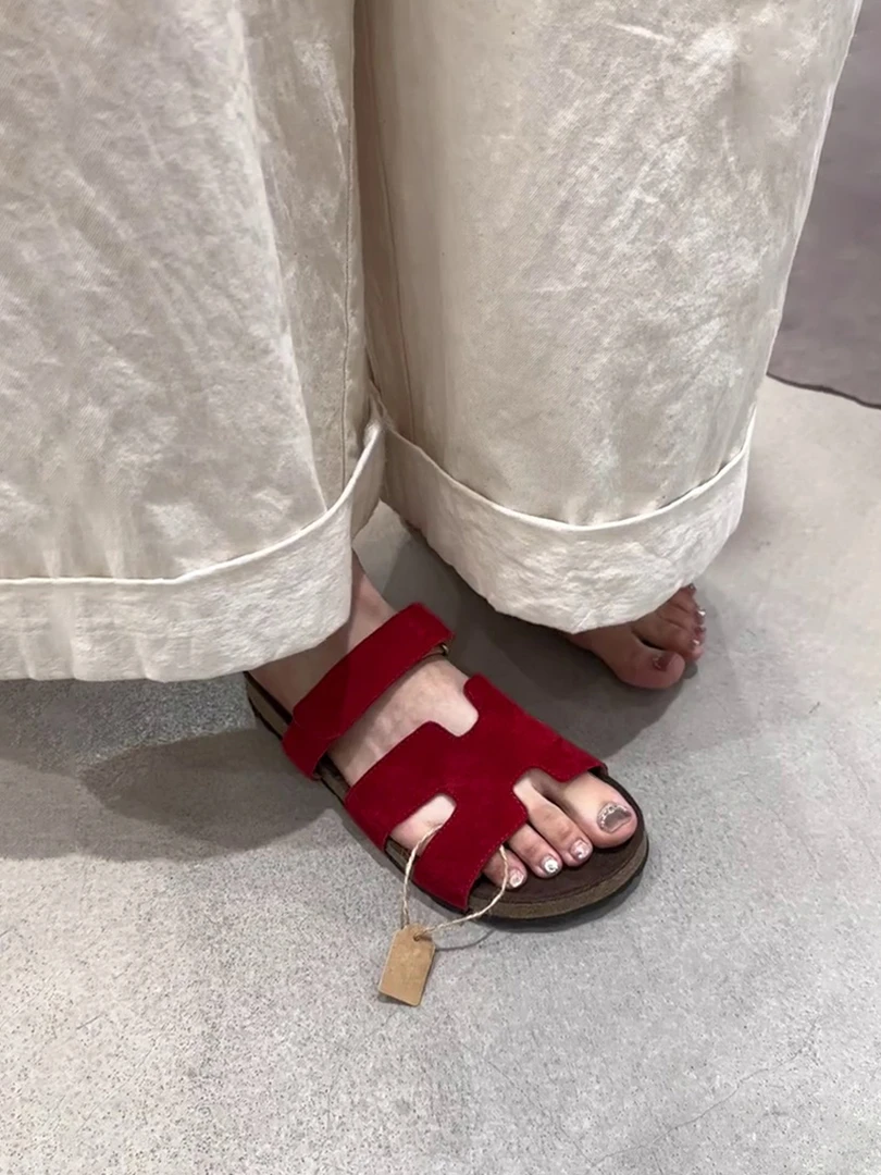 现货版~厚底一字凉拖鞋女夏季露趾外穿魔术贴二舅拖鞋百搭勃肯鞋