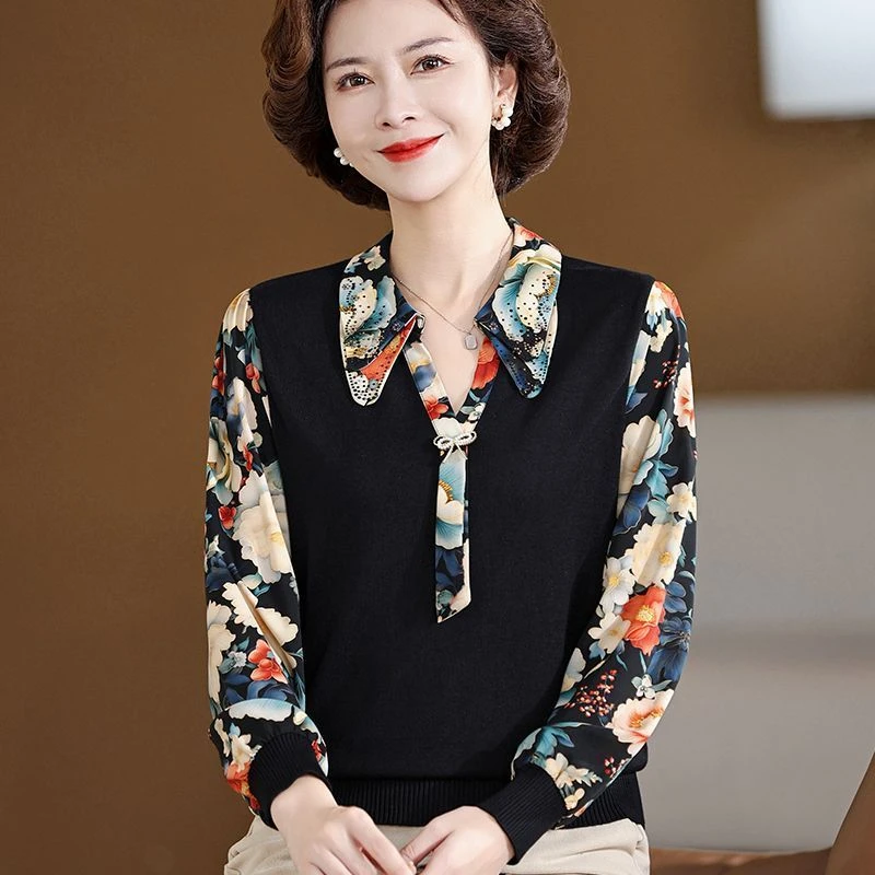王小鸭针织衫女2025秋季新款花色纱袖拼接时尚气质中老年长袖上衣