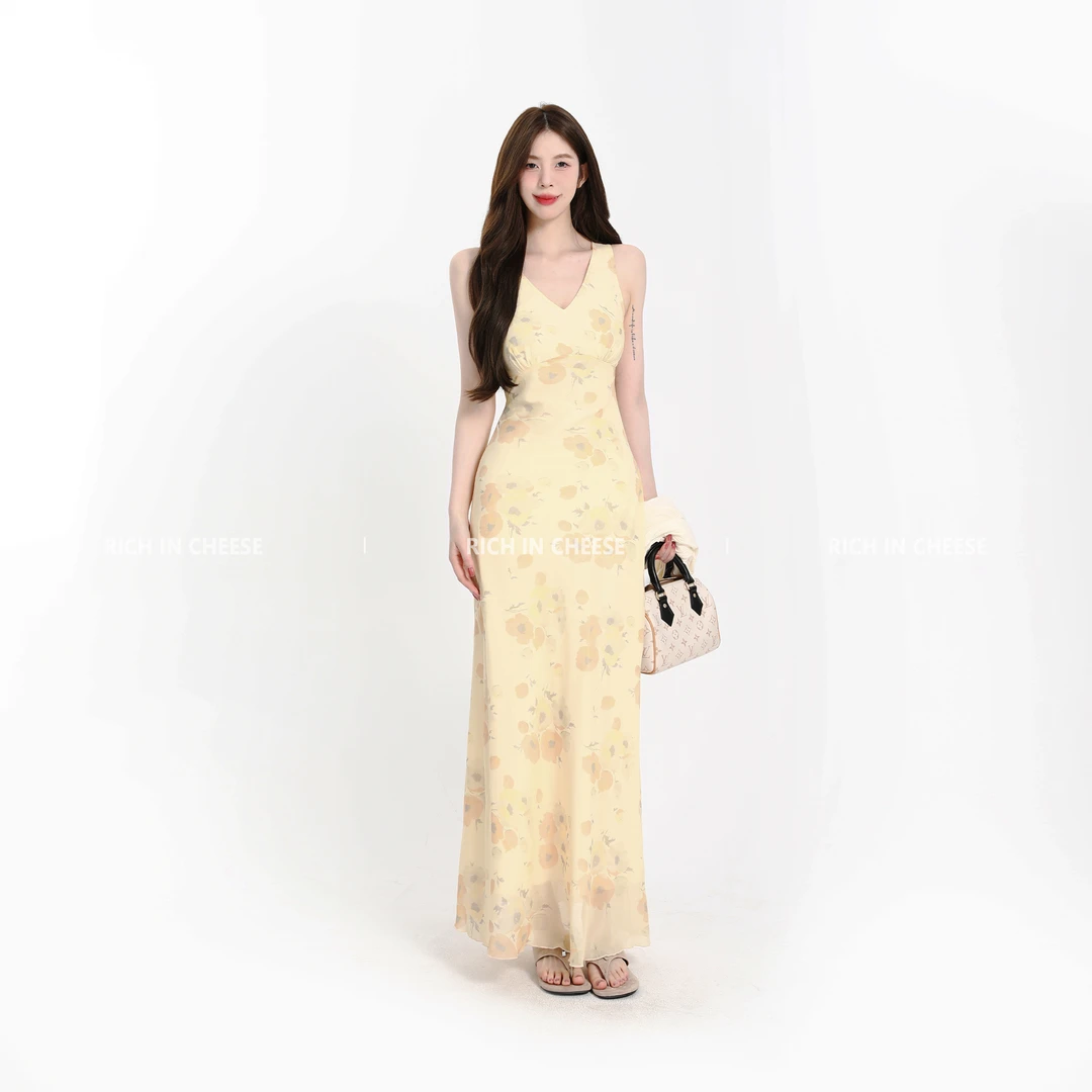 舒胡蕾 黄昏玫瑰 艺术碎花黄玫瑰无袖暗纹印花雪纺长款连衣裙