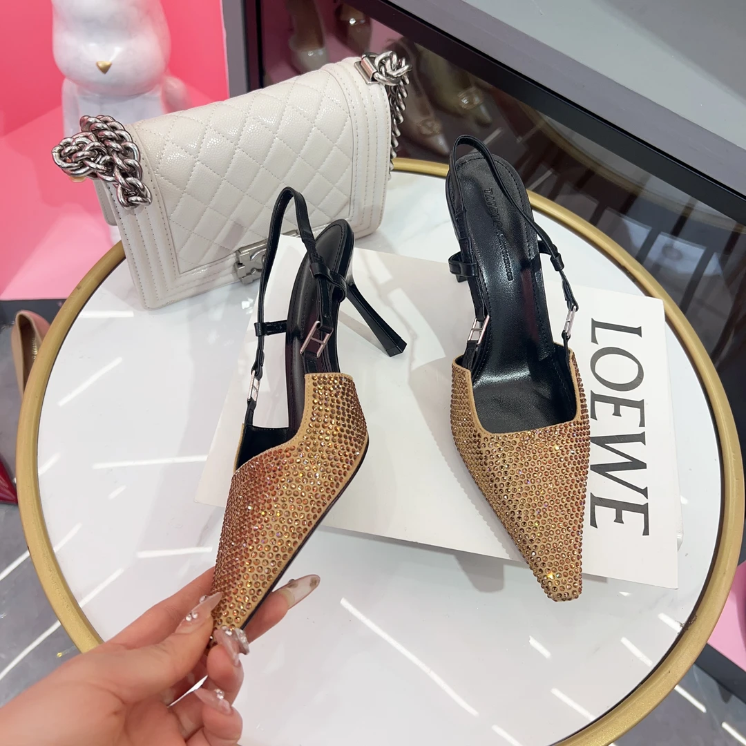 名媛风尖头高跟鞋满钻设计细跟一字带浅口凉鞋春季新款01908-6