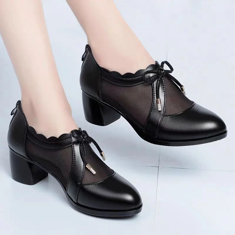 爆款网纱凉靴女夏季镂空网靴中跟粗跟网面单鞋透气妈妈鞋女士凉鞋