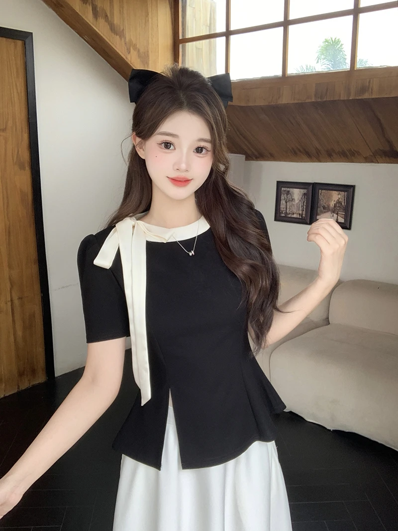 圆领修身型常规款女性大码T恤短袖标准蝴蝶结宫廷风161807