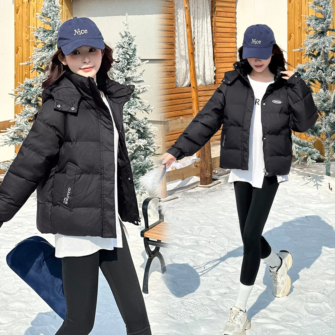 时尚百搭简约连帽棉服女2025冬季新款小个子洋气减龄保暖棉袄外套